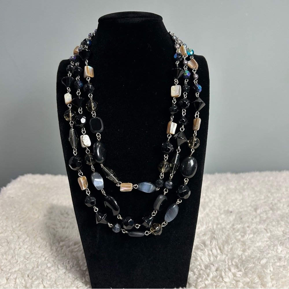 Park Lane Three Strand Black & Gray Neutral Beaded Necklace 16-19”